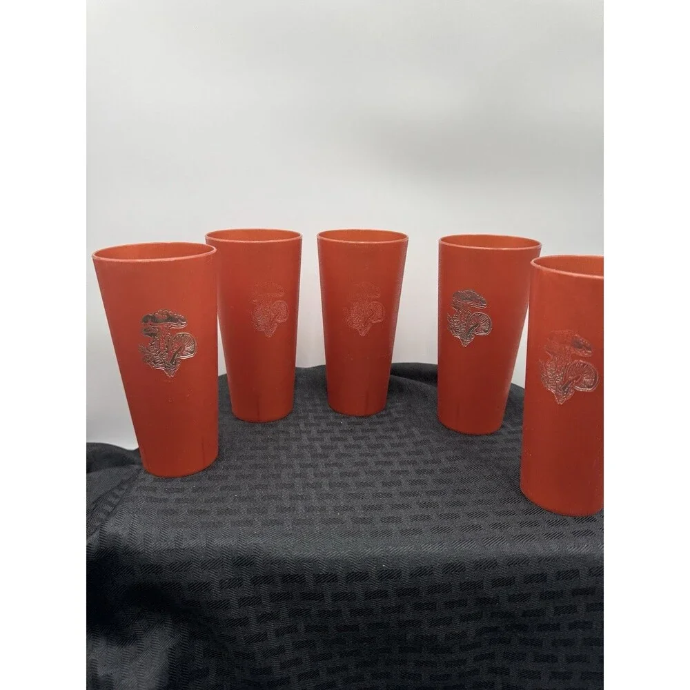 5 Retro 1970s Copper Plastic Nasco Magic Mushroom Toadstool Tumblers Glasses Cup